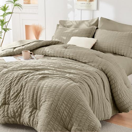 HYMOKEGE Linen Queen Comforter Set Seersucker 7 Pieces, All Season Luxury Bed in a Bag Queen for Bedroom, Bedding Set with Comforter, Sheets, Pillowcases & Shams HYMOKEGE