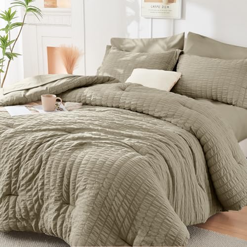 HYMOKEGE Linen Full Size Comforter Sets Seersucker 7 Pieces, All Season Luxury Bed in a Bag for Bedroom, Bedding Set with Comforter, Sheets, Pillowcases & Shams HYMOKEGE
