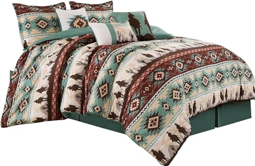 Chezmoi Collection Dune 7-Piece Southwestern Cowboys Aztec Comforter Set - Multicolor Teal Brown Beige Tan Red Printed Washed Microfiber Bedding, Oversized King Chezmoi Collection