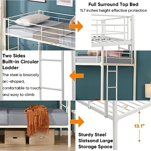 HomJoones Metal Bunk Bed Twin Over Twin Sturdy Heavy Duty Bunk Beds with 2 Side Ladders,Space Saving,No Box Spring Needed,for Boys Girls Teens Adults, Bedroom, Dormitory (White) HomJoones