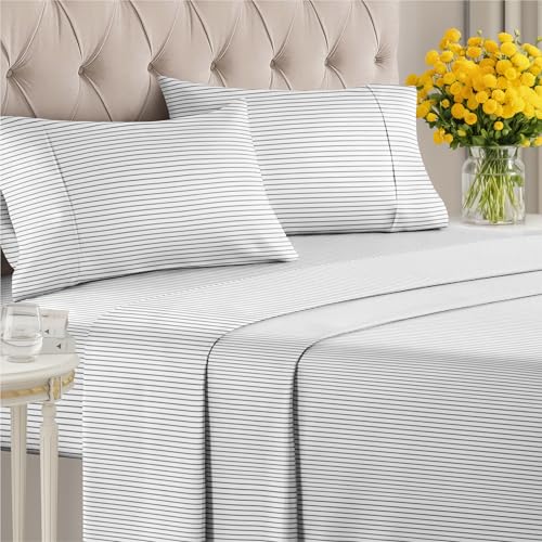 Striped Sheets - Black & White Striped Sheets - 1 Flat & 1 Fitted & 2 Pillowcases w/ Deep Pockets – Wrinkle & Fade Free - Soft, Breathable and Cooling – Luxury Pinstripe Bedding - Queen Size Bed Set CGK Unlimited