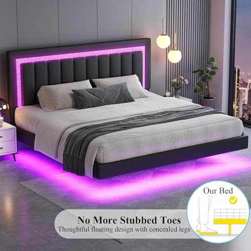 HOMBCK Floating Bed Frame King with Smart LED Lights, Faux Leather Upholstered Platform Bed with Diamond PU Headboard, No Box Spring Needed, Noise-Free, Easy Assembly, Black HOMBCK