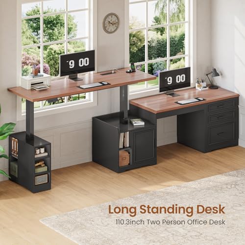 SEDETA Farmhouse L Shaped Electric Standing Desk, 63" x 67" Height Adjustable Home Office Executive Desk with Drawers and Shelves, Standing Computer Desks with Power Outlet for Home Office, Black SEDETA