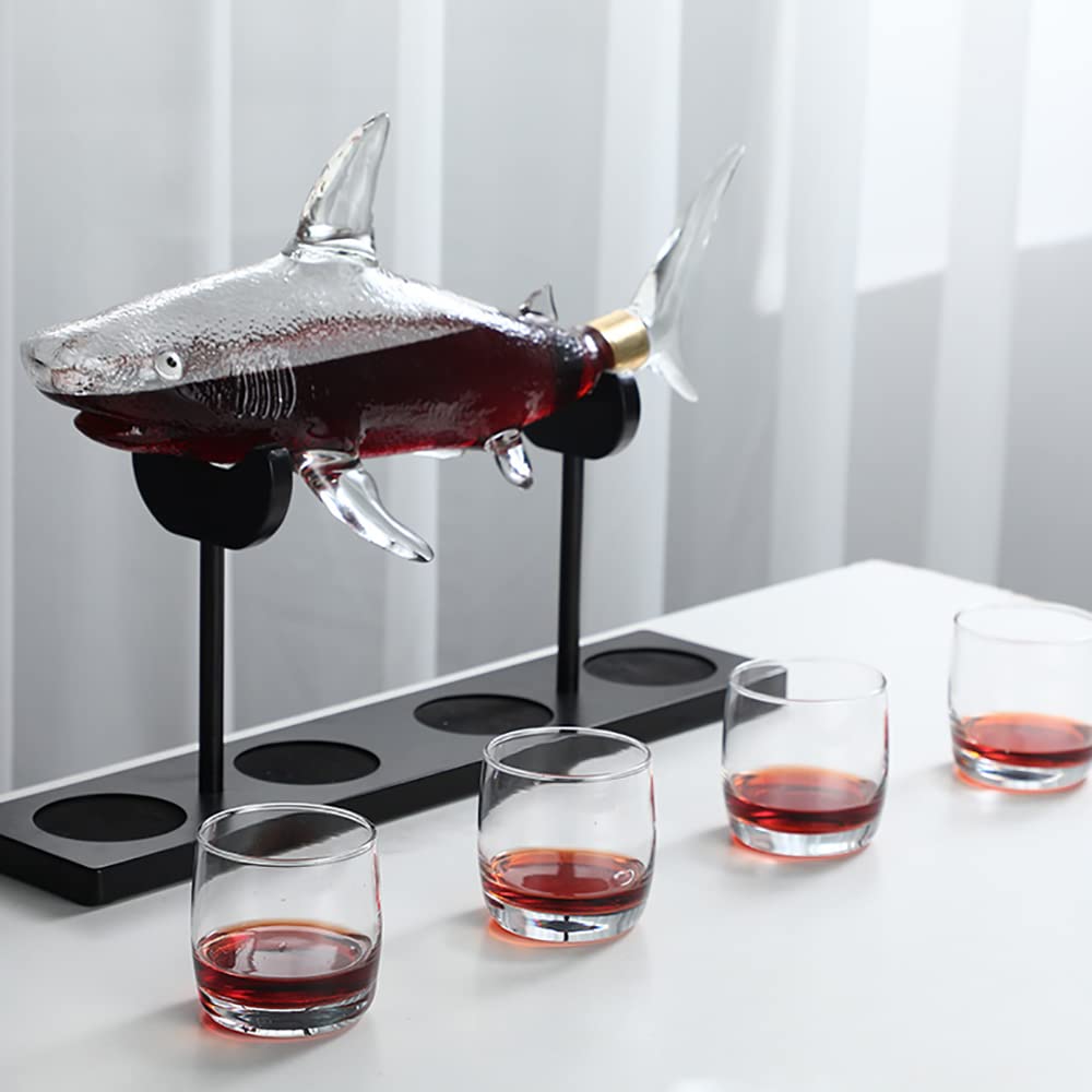 NF Whiskey Decanter Set with 4 Glasses & Wood Stand,1000ml Shark Decanter Glass Liquor Decanter For Whiskey, Scotch, Bourbon Vodka,Gift For Wine Lovers, M NF