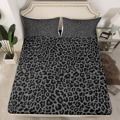 Erosebridal African Cheetah Sheet Set,Leopard Print Bed Sheets Set King Size for Kids Boys Girls,Grey Animal Skin Sheets,Wildlife Flat Fitted Sheet with 2 Pillowcases Deep Pockets Erosebridal