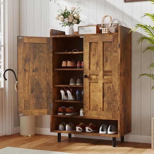 Aivermeil Farmhouse Shoe Cabinet with Doors, 6-Tier Wooden Shoe Organizer with Adjustable Shelves, Entryway Storage Cabinet, Rustic Shoe Storage for Entryway or Living Room (Rustic Brwon) Aivermeil