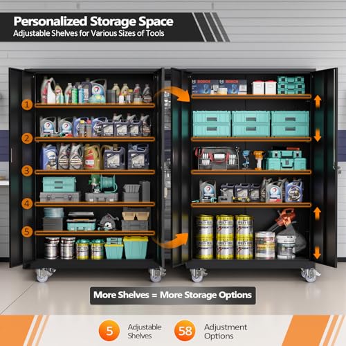 VINGLI Large Metal Storage Cabinet with 2 Doors and 5 Adjustable Shelves, Upgraded Height & Wide & Deep, 43''W x 20''D x 72''H, Oversized Garage Storage Cabinet with Wheels and Locks (Black) VINGLI