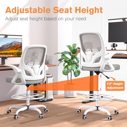 ORRSAKER Tall Drafting Chair with Lumbar Support and Footrest Ring, Supportive Tall Extended Height Ergonomic Desk Chair for Home Work, Breathable Mesh Office Chair with Flip up Arms(Gray) ORRSAKER