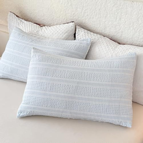 tohrisa Boho Comforter Set King Size - 3 Pieces Lightweight Jacquard Seersucker Bedding Sets (1 Soft Fluffy Grid Comforter & 2 Pillowcases) - All Seasons Cozy Modern Bed Set(104"x90" Sky Blue) tohrisa