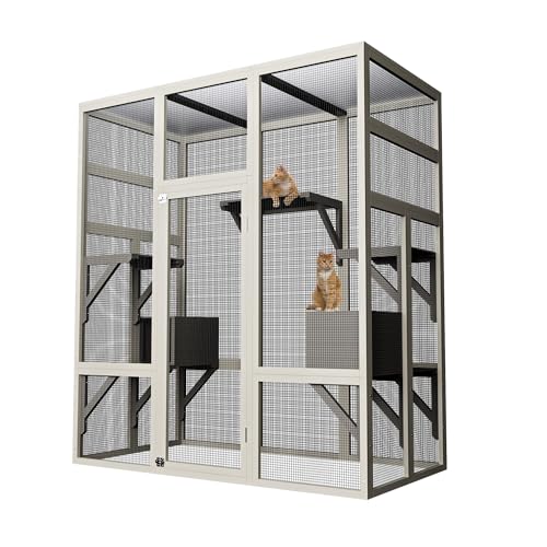 70-Inch Large Catio Enclosure, UV-Protected, Wooden Frame and Rust-Resistant Steel Mesh, Cat House with 2 Lounging Boxes and Platforms, for Patio or Backyard Garvee