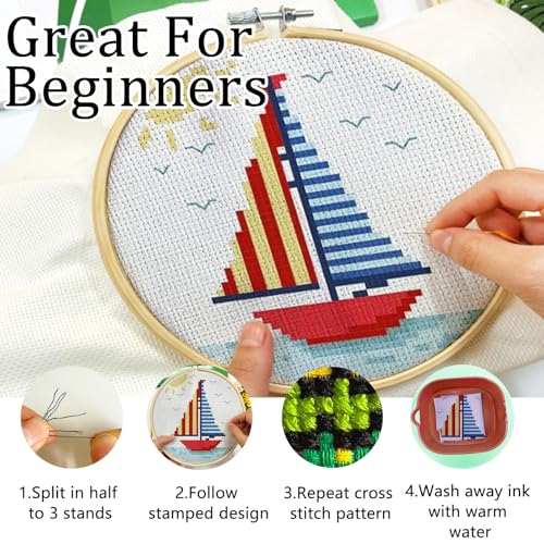 Zhenqing Sailboat Cross Stitch Kit for Beginners with Hoop, 14CT Striped Boat Design, 16x16cm Nautical Embroidery Set (70823)