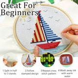 Zhenqing Sailboat Cross Stitch Kit for Beginners with Hoop, 14CT Striped Boat Design, 16x16cm Nautical Embroidery Set (70823)