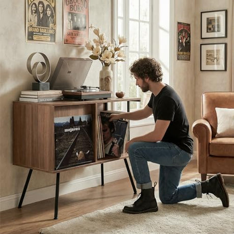 Faesun Flip Top Record Player Stand, Large Turntable Stand Holds up to 150+ Albums, Vintage Mid Century Record Player Table, Stereo Cabinet with Open Storage, for Living Room, Bedroom, Walnut Faesun