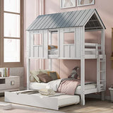 Merax Twin Over Twin Bunk Bed with Trundle,Roof and Windows,House-Shaped Wood Bunk Bed for with Built-in Ladder and Guardrail for Girls,Boys,White+Grey Merax