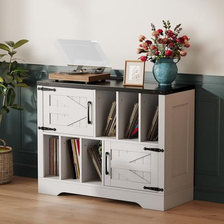 Garvee Record Player Stand, 39in Large Farmhouse Wood Vinyl Storage Cabinet Holds Up to 450 Albums with Barn Doors, Mid Century Modern Record Player Table for Living Room Bedroom, White Garvee