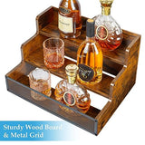 3 Step Countertop Liquor Bottle Display Shelf, Wood Bar Shelves 12 Bottles with Fences, Freestanding Storage Shelves for Liquor Whiskey Wine Coffee Syrup Display, Retro Wine Rack Home (Patent Pending) Yuzehuaza