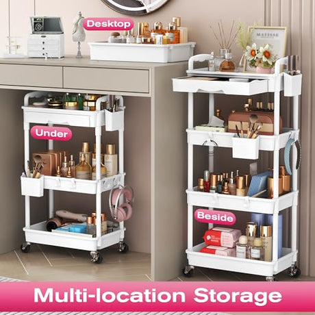 Goovilla Rolling Makeup Organizer Cart with Removable Drawer, 3 Tier Stable White Floor Skincare Storage Cart for Vanity, Cosmetic Display, Nail Polish, Perfume, Hair Stuff, Beauty, Bathroom(Plastic) Goovilla