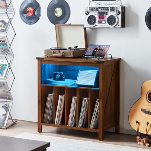 Joaxswe Large Record Player Stand with Charging Station & LED Lights, Brown Vinyl Record Storage Holder Holds up to 230 Albums, Turntable Stand with Display Shelf for Music Room Bedroom Living Room. Joaxswe