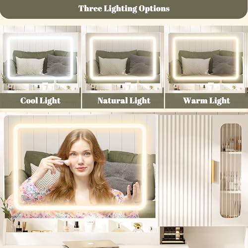 45" Modern Makeup Vanity Desk with Mirror and Lights, Makeup Vanity with 5 Shelves& 2 Drawers and Cabinet, Vanity Table with Power Outlet, 3 Color Adjustable Lighting Dressing Table Set for Bedroom astimey