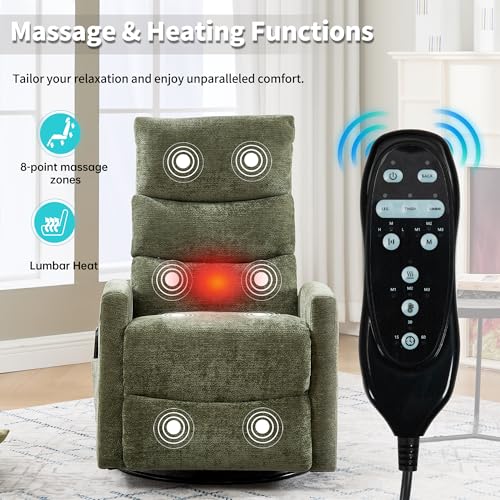 Manual Swivel Rocker Recliner Chair for Adults, Overstuffed Glider Chair for Nursing with Vibration Massage & Lumbar Heat, Living Room Rocking Recliner 3-Stage backrest, Chenille Fabric Green