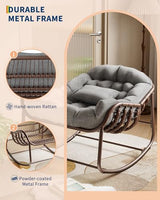 GarveeLife Outdoor Papasan Rocking Chair, Oversized Wicker Lounge Chair with Cushion and Metal Frame, Patio Rattan Egg Rocker for Balcony Backyard Porch Bedroom, Grey