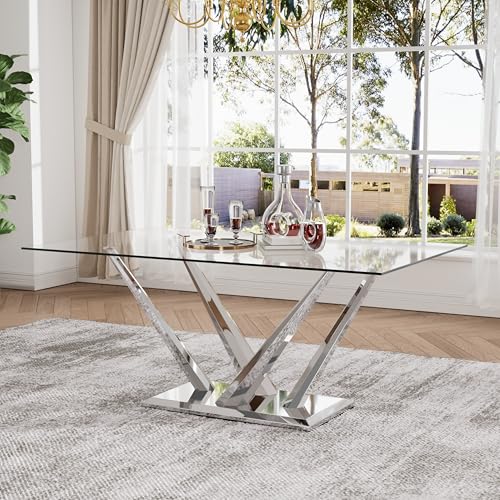 HAIZAO 63'' Rectangular Glass Dining Table for 4-6, Luxury Kitchen Table with Tempered Glass and Aesthetic Silver Stainless Steel Base, Modern Dinner Table for Home, Apartment HAIZAO