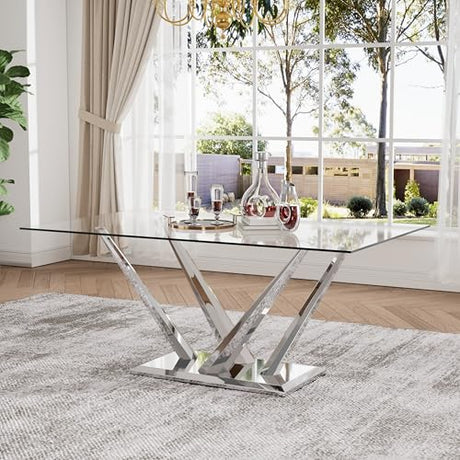HAIZAO 63'' Rectangular Glass Dining Table for 4-6, Luxury Kitchen Table with Tempered Glass and Aesthetic Silver Stainless Steel Base, Modern Dinner Table for Home, Apartment HAIZAO