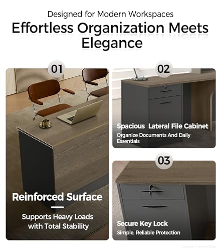 Modern L-Shaped Reception Desk with Counter - 71 Inches Front Desk with Storage Cabinet, Open Shelves, Lockable Drawer & Keyboard Tray for Office, Lobby, Checkout (Tobacco Wood & Iron Gray - Left) Anzhap