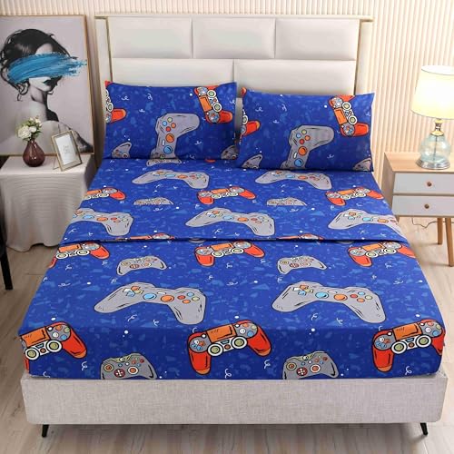 SDIII 4PCS Blue Gamer Sheets Set Queen, Soft Microfiber Gaming Bedding Sheet Queen Deep Pocket, Game Sheets for Boys Girls Kids Teens All Season SDIII