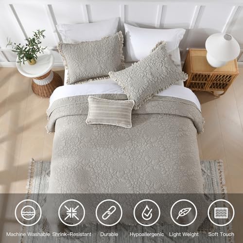 HORIMOTE HOME Beige Ruffled Quilt King Size, Stone-Washed Microfiber Lightweight Crinkled Farmhouse Rustic Shabby Chic Bedding Set, 3 Pieces Reversible Bedspread with Pillow Shams for All Season HORIMOTE HOME