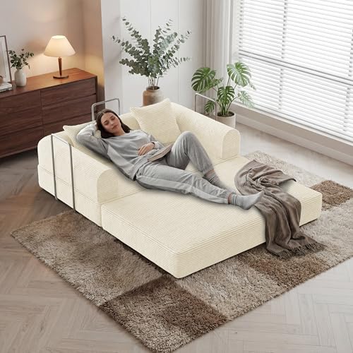 HouseMila 59" Boneless Couch,4-in-1 Futon Sofa Bed Modular Loveseat Sleeper Folding Compressed Couch with Pillows,No Assembly Required Convertible Sofa Bed for Living Room Bedroom Guest Room,Beige HouseMila
