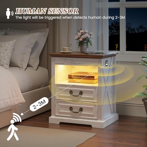 Dystler Night Stand with Gun Drawer, Bedside Table with LED Light & Human Sensor, Nightstand Gun Safe with 2 Drawers for Bedroom, Farmhouse End Table with Charger Station, Antique White Dystler