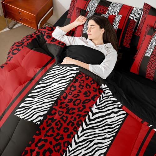 Erosebridal Zebra Cheetah Fur Pattern Black Red Adults Comforter Set Queen Size 7 Pieces | Leopard Print Stripes Bed in A Bag Zebra Cheetah Wild Animal Skin Bed Set Women Men Teens Bedding Erosebridal