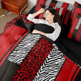 Erosebridal Zebra Cheetah Fur Pattern Black Red Adults Comforter Set Queen Size 7 Pieces | Leopard Print Stripes Bed in A Bag Zebra Cheetah Wild Animal Skin Bed Set Women Men Teens Bedding Erosebridal