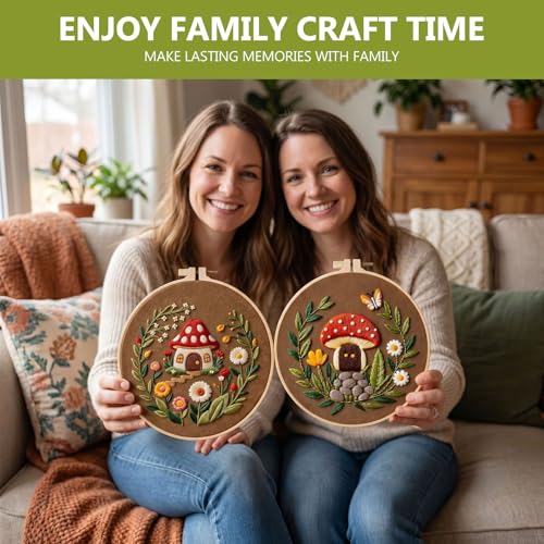 Santune 3 Pack Embroidery Kit Cross Stitch Needlepoint Kits for Beginners Adult Needle Point Sets with Mushroom & Horse Embroidery Patterns, Includes Step-By-Step Instructions & Accessories