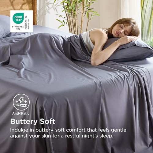 Bedsure Queen Sheet Set, Cooling Sheets for Queen Size Bed Set, Rayon Derived from Bamboo, Breathable & Soft, Deep Pocket Up to 16", Hotel Luxury Silky Bedding for Hot Sleepers, Dark Grey Bedsure