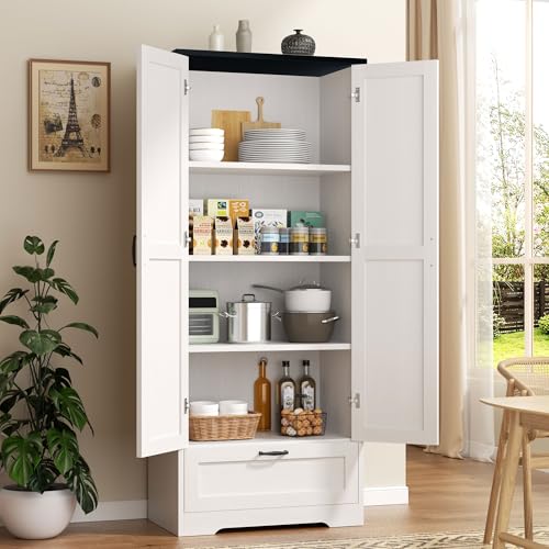 Vongrasig Kitchen Pantry Storage Cabinet with Barn Doors, Drawer and Adjustable Shelves, 4-Tier Tall Rustic Wood Cupboard Locker for Kitchen, Dining Room, Living Room, Bathroom, (White) Vongrasig