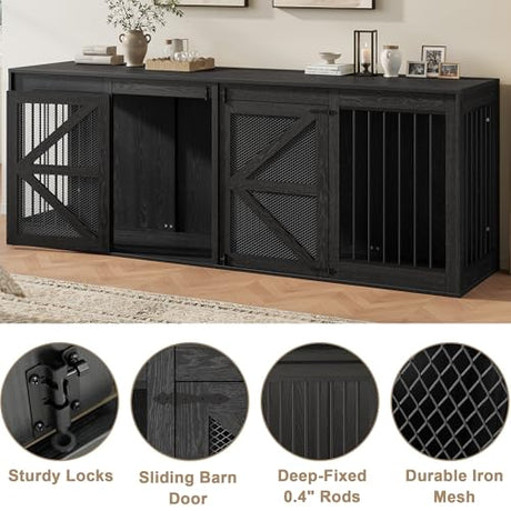 Nordee Axio 94.5 Inch Double Dog Crate Furniture, Farmhouse Dog Kennel TV Stand for 2 Large Dogs, Wooden Dog Cage Extra Large Breed with Divider & Solid Metal Tube, Black Nordee Axio