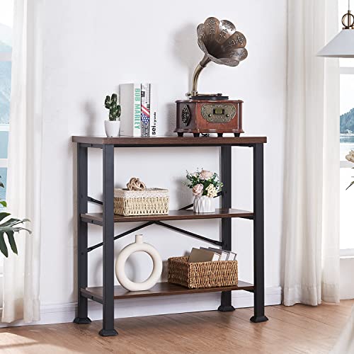 HOMBAZAAR 3-Tier Vintage Industrial Bookshelf - Rustic Wood and Metal Free Standing Storage Bookcase in Brown HOMBAZAAR