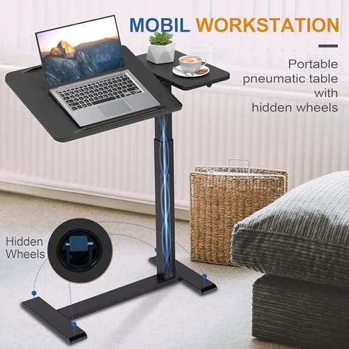 yaaqoo Adjustable Overbed Bedside Table with Hidden Wheels, Pneumatic Tilt Board Rolling Laptop Standing Desk Cart, Mobile Over Bed Sofa Chair Side End Tables, Walnut (Black) yaaqoo