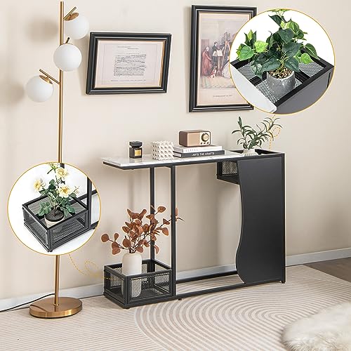 Giantex 43.5" Console Table for Entryway - Modern Entry Table with Faux Marble Top, 2 Mesh Storage Compartments, Metal Frame, Foyer Table, Narrow Sofa Table for Living Room, Hallway, White + Black Giantex