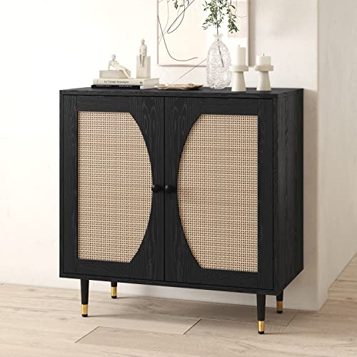 Black Buffet Sideboard Cabinet, Rattan Sideboard with Natural Rattan Doors, Black Rattan Console Table with Storage, Modern Accent Buffet Cabinet with Adjustable Shelves for Living Dining Room