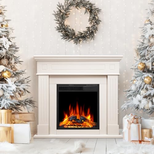 43 Inch Electric Fireplace with Mantel Wooden Surround Firebox TV Stand,FreeStanding Electric Fireplace Heater Entertainment Center,Adjustable Led Flame,750W-1500W,Cream ZAFRO