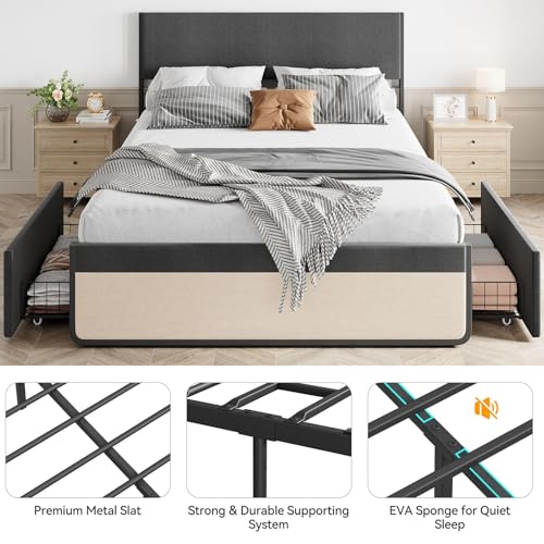 IDEALHOUSE Queen Bed Frame with Storage Drawers, Upholstered Platform Bed Frame with Metal Slats Support, Under Bed Storage Mattress Foundation, No Box Spring Needed, Noise Free, Easy Assembly IDEALHOUSE