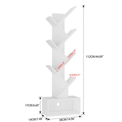 YMYNY 6 Tier Tree Bookshelf, Tall Bookcase, Wood Book Storage Rack with Drawer, Modern Floor Standing Book Shelf for Books/Movies/CDs, Utility Organizer for Living Room, Home Office, White UHBC016W