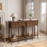 Topbele Console Table with 2 Drawers & Shelf, 28" Mid-Century Modern Entryway Table, Retro 2-Tier Sofa Table, Wooden Accent Table for Living Room, Hallway, Brown Topbele
