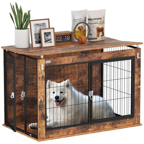 PawHut 39" Dog Crate Furniture with Flip-up Top Opening, Decorative Dog Kennel Furniture Side Table with 2 Doors for Large Breeds, Rustic Brown PawHut