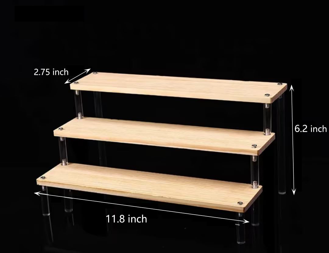 BYCY 2pcs Wooden Display Riser Stand,3 Tier Counter Shelf Spice Rack Organizer for Perfume Makeup and Dolls Collection, Step Ladder Cupcake Risers for Desserts Candies Craft Figurines (3T2P-M) BYCY
