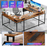 Garvee 79 Inch u Shaped Computer Desk,Large Gaming Desk with Power Outlets & LED Lights,Reversible l Shaped Desk for Home Office Work and Gaming,Rustic Brown Garvee