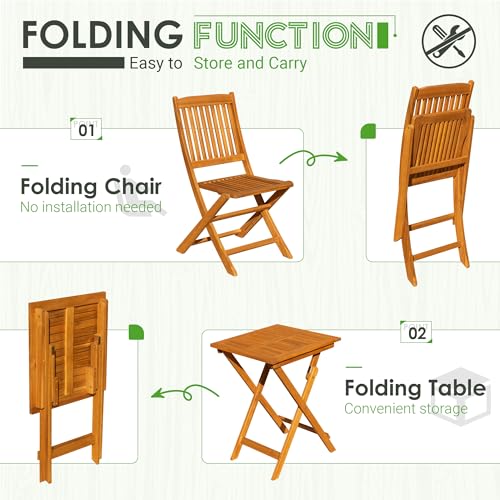 Greesum 3 Piece Patio Folding Furniture Bistro Set with 2 Cushions for Pool Beach Backyard Balcony Porch Deck Garden, Acacia Wood - WoodArtSupply